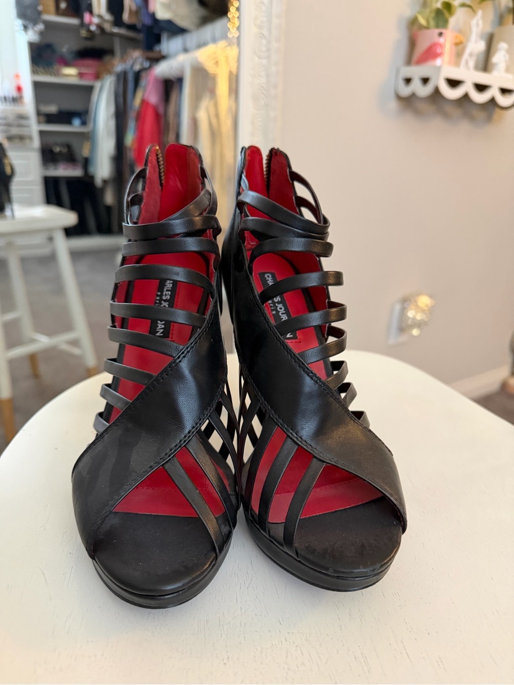 Charles Jourdan Black Strappy Peep-Toe Heels with Red Insole